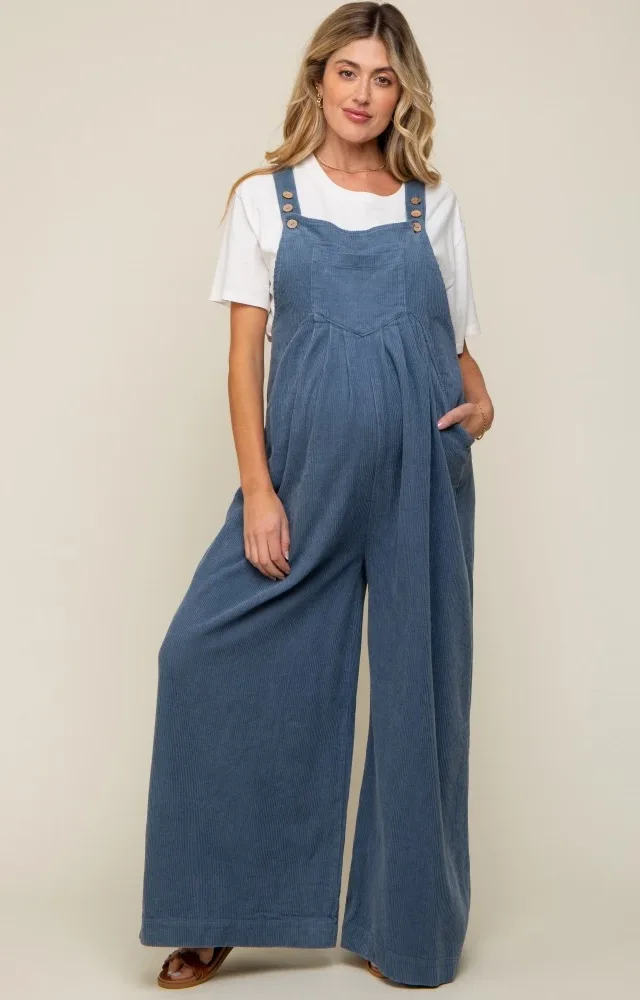 Blue Corduroy Front Pleated Wide Leg Maternity Overalls