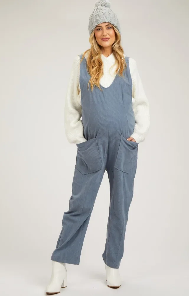 Blue Corduroy Wide Leg Maternity Overalls