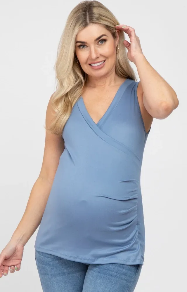 Blue Crossover Ruched Maternity Nursing Tank