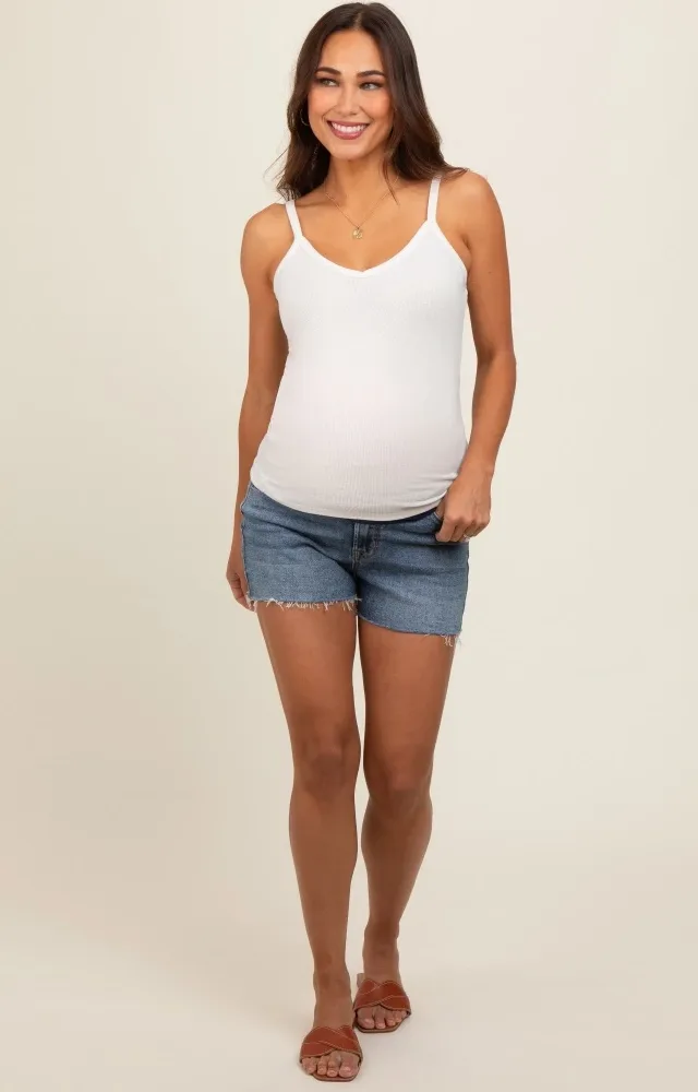 Blue Cut Hem Maternity Denim Shorts