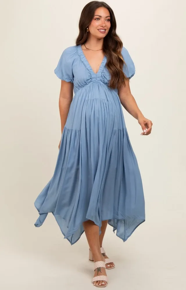 Blue Deep V-Neck Puff Short Sleeve Asymmetrical Hem Maternity Midi Dress