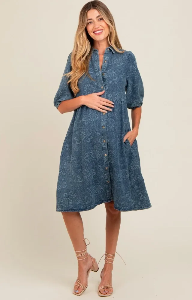 Blue Denim Button Front Short Puff Sleeve Maternity Dress