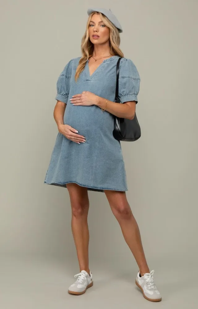 Blue Denim Pocketed Maternity Dress