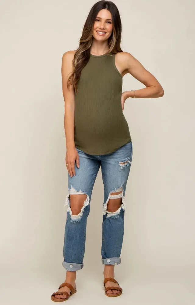 Blue Distressed Cuffed Maternity Jeans