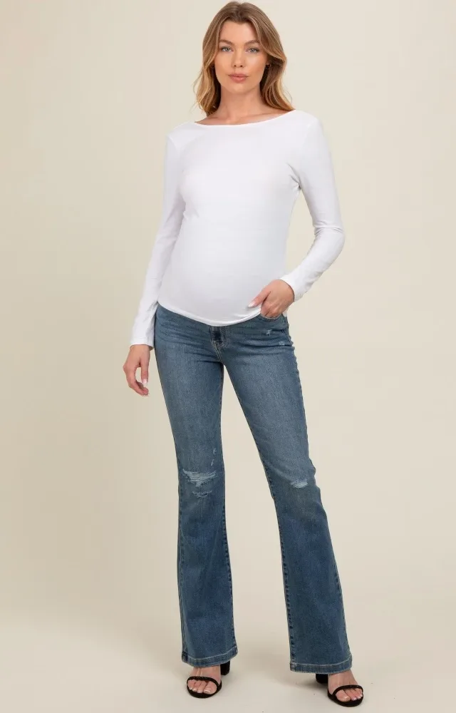 Blue Distressed Knee Flare Leg Maternity Jeans