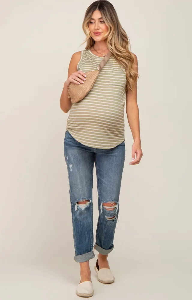 Blue Distressed Knee Rolled Hem Maternity Straight Leg Jeans