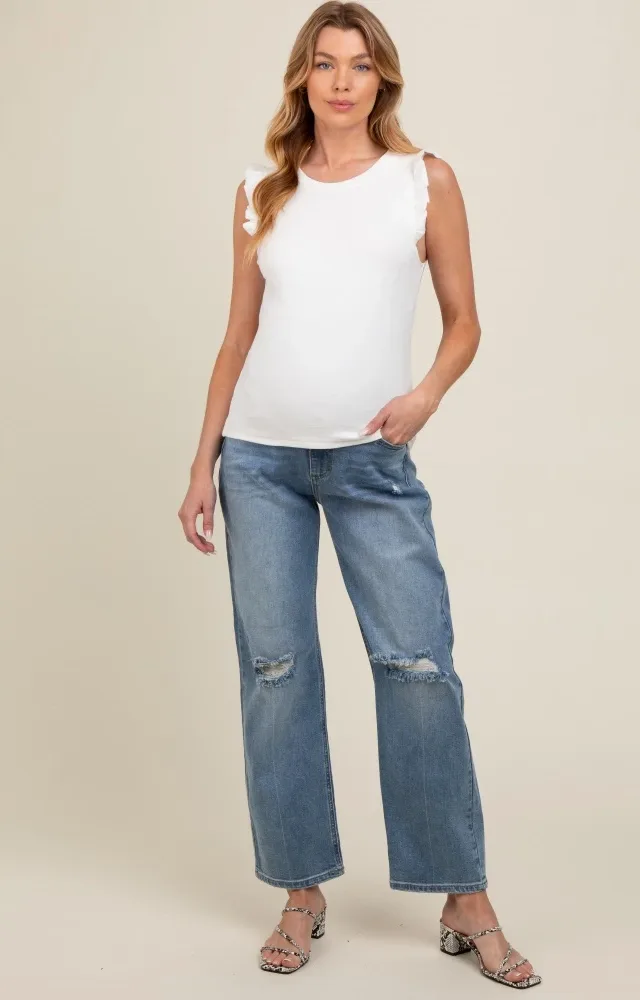 Blue Distressed Knee Straight Leg Maternity Jeans