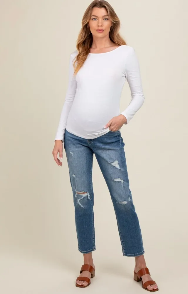 Blue Distressed Open Knee Cropped Straight Leg Maternity Jeans