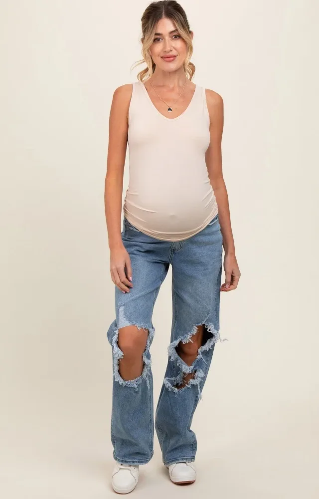 Blue Distressed Open Knee Maternity Wide Leg Jeans