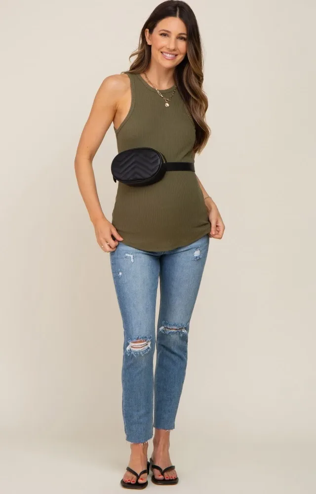 Blue Distressed Raw Hem Maternity Jeans