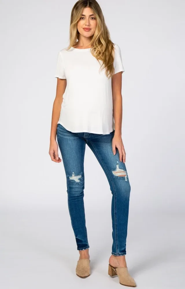 Blue Distressed Side Insert Maternity Jeans