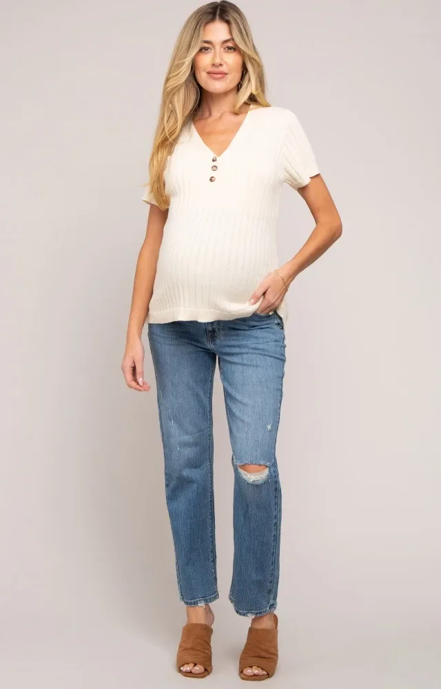 Blue Distressed Straight Leg Maternity Jeans