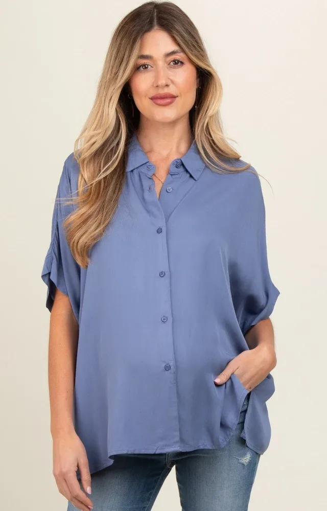 Blue Dolman Sleeve Button Down Maternity Blouse