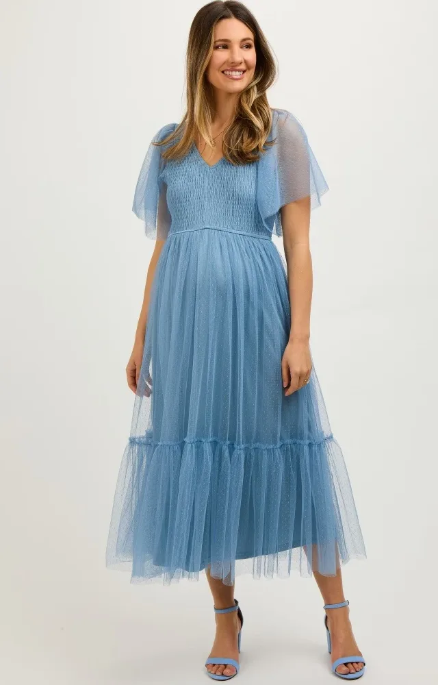 Blue Dotted Tulle Smocked Maternity Midi Dress