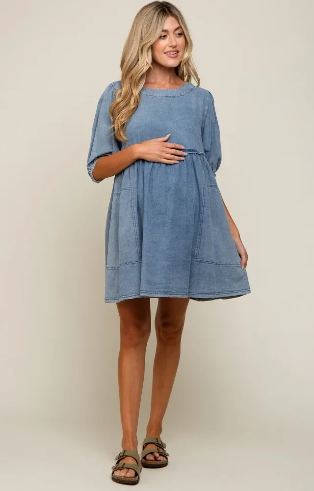 Blue Faded Denim Chambray Maternity Mini Dress