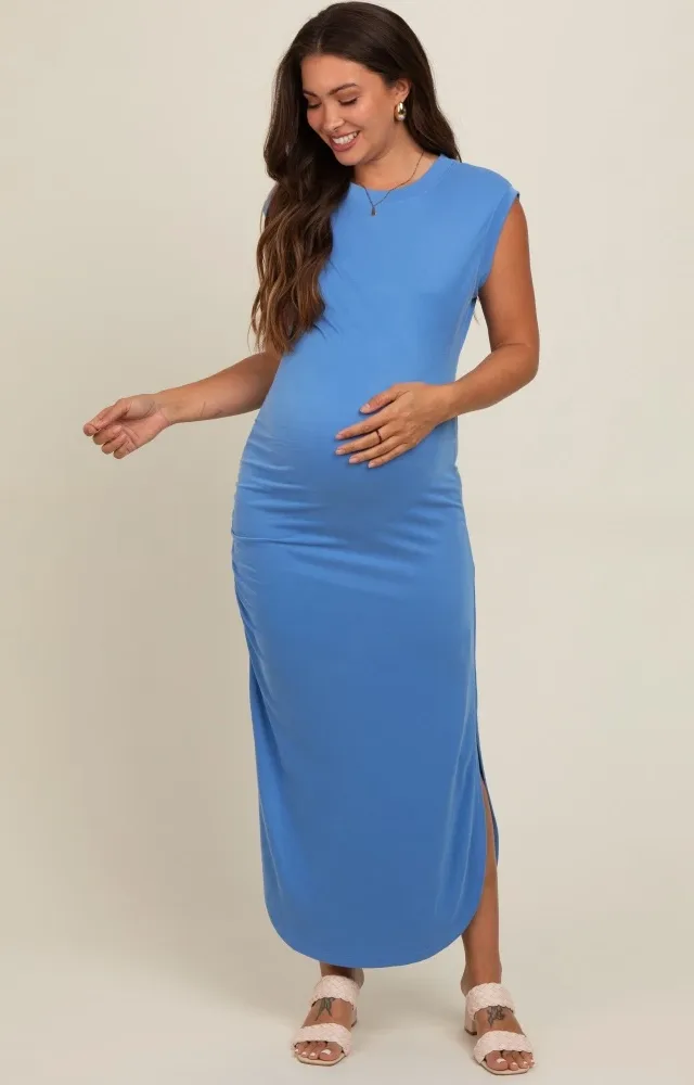 Blue Fitted Maternity Midi Dress