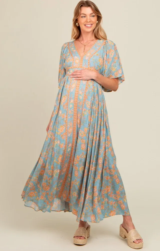 Blue Floral Border Print Flutter Sleeve Maternity Maxi Dress