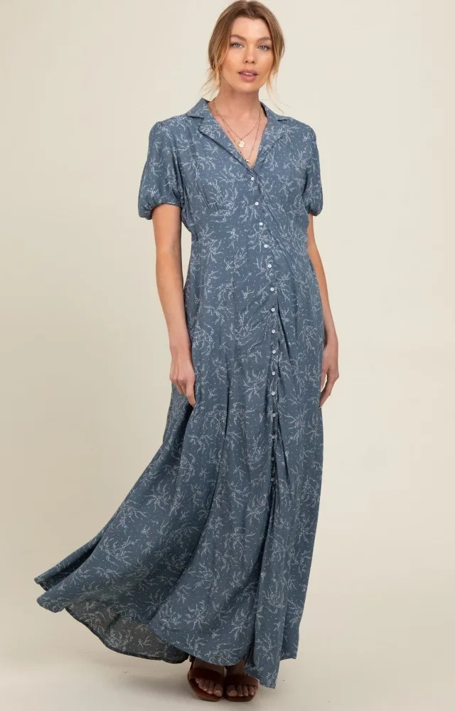 Blue Floral Button Down Maternity Maxi Dress