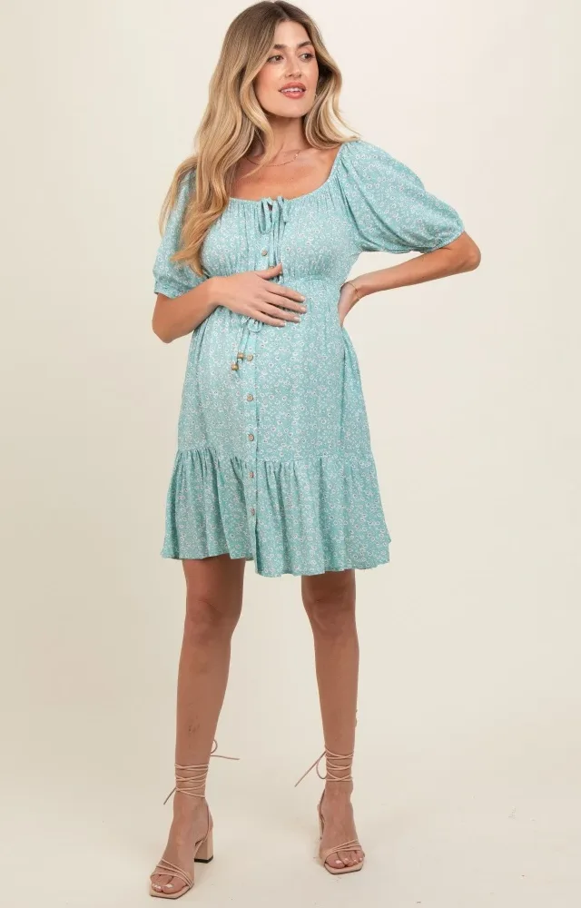 Blue Floral Button Front Drawstring Waist Ruffle Maternity Dress