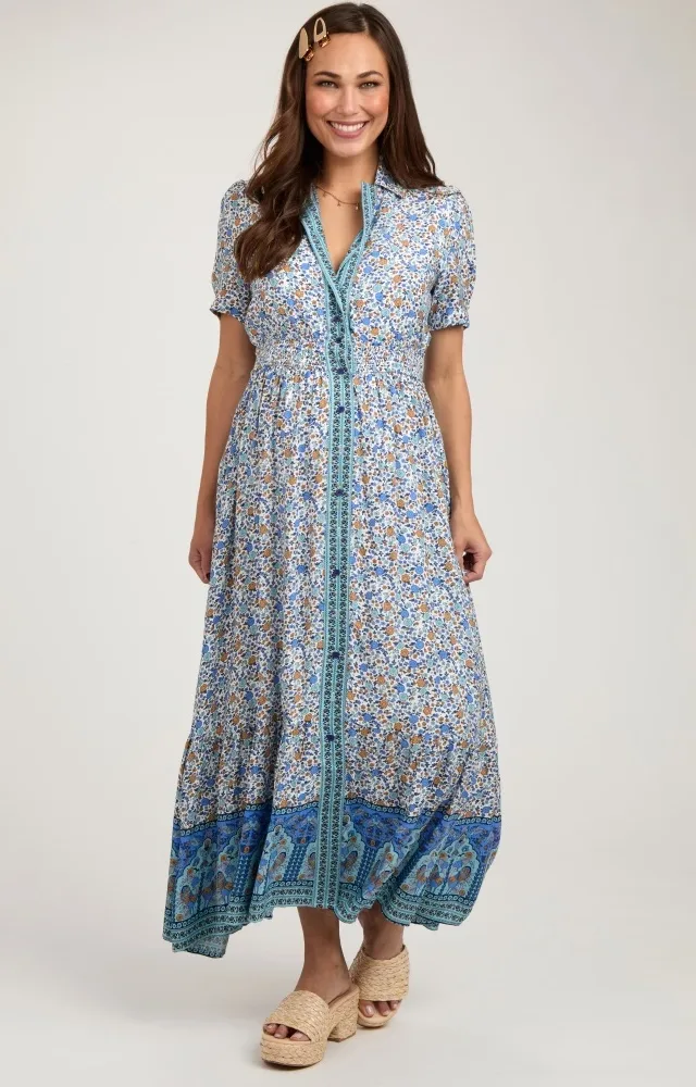 Blue Floral Button Up Maternity Midi Dress