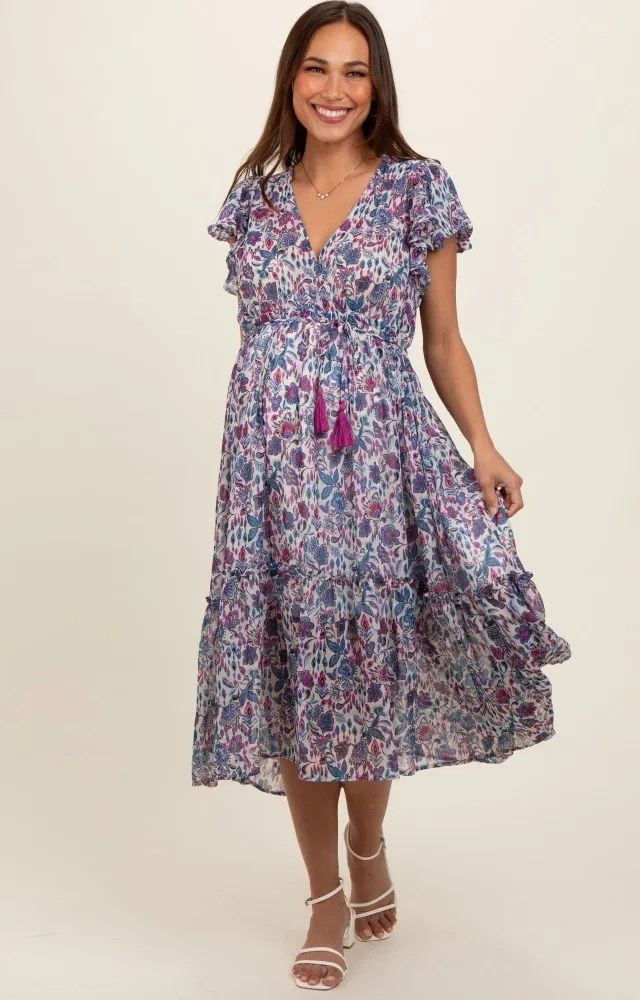 Blue Floral Chiffon Flutter Sleeve Ruffle Hem Maternity Midi Dress