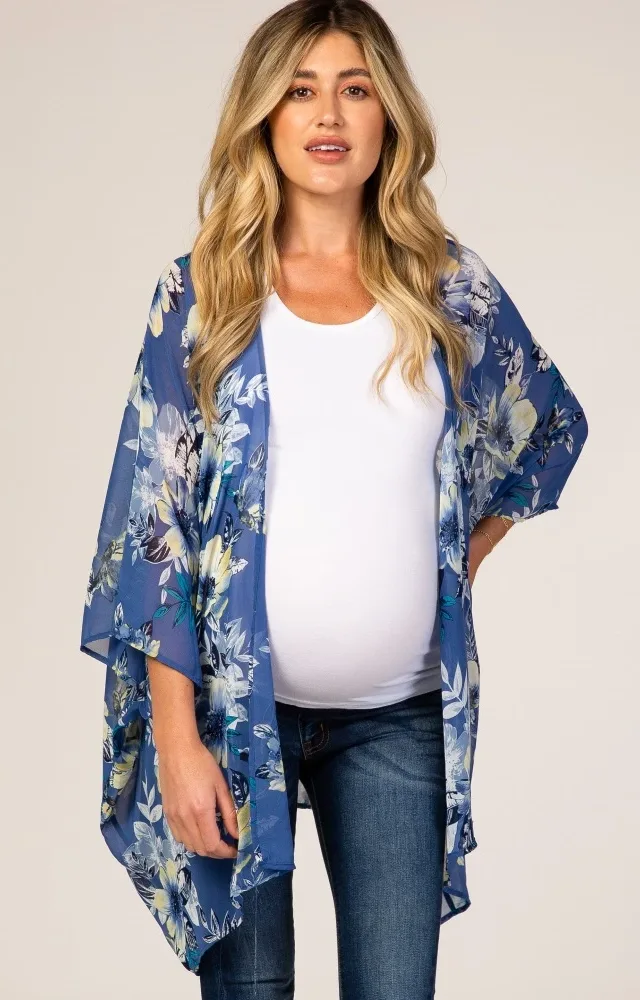 Blue Floral Chiffon Maternity Cover Up