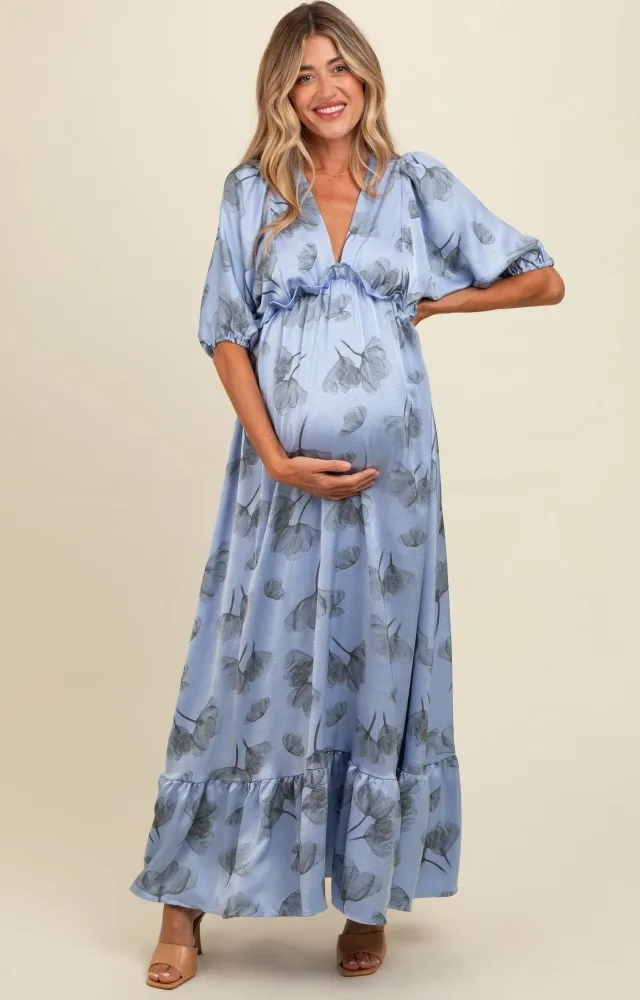 Blue Floral Chiffon Ruffle Accent Maternity Maxi Dress