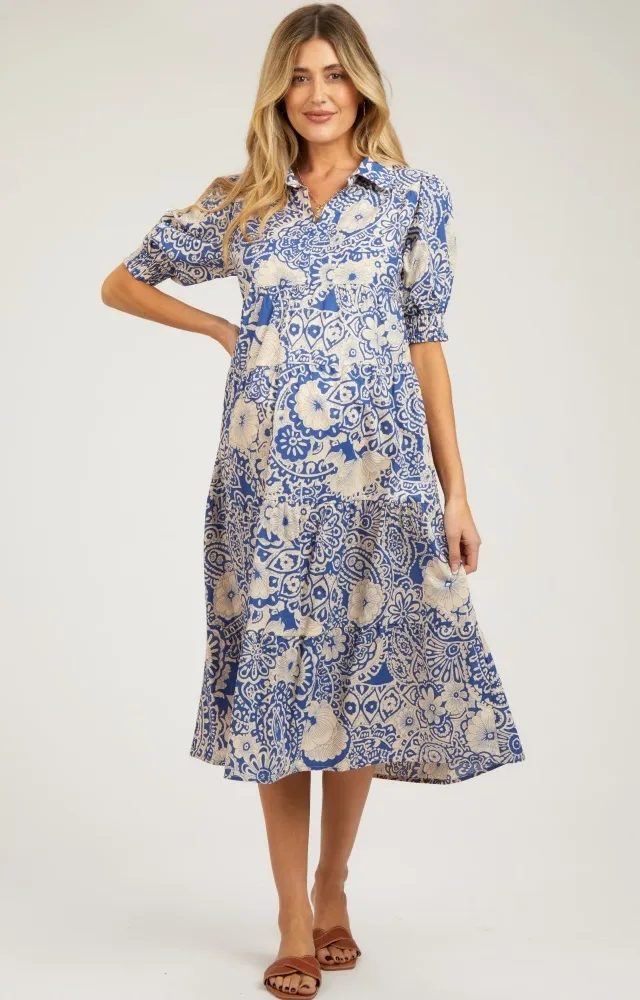 Blue Floral Collared Tiered Maternity Midi Dress