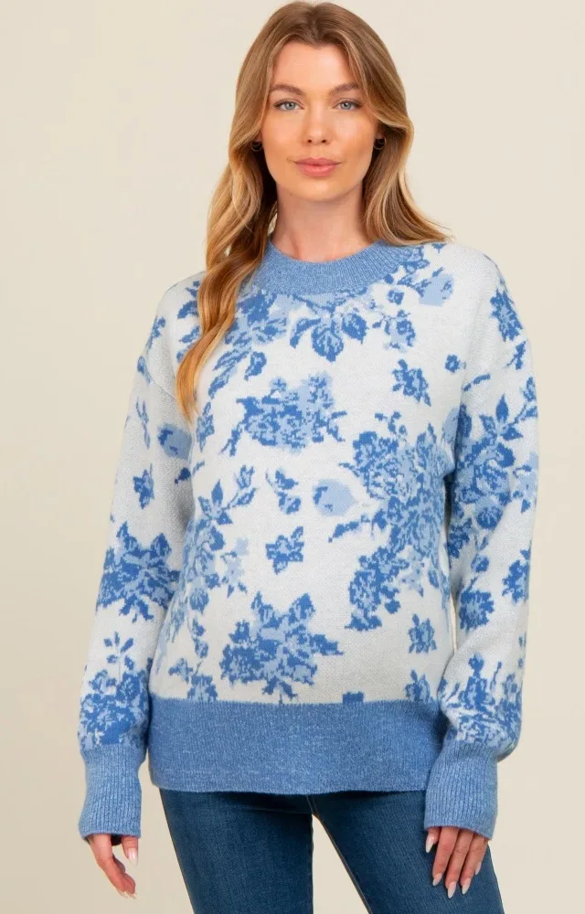 Blue Floral Crew Neck Maternity Sweater