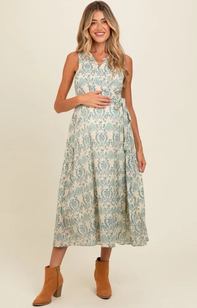 Blue Floral Damask Wrap Maternity Midi Dress