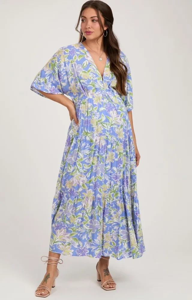 Blue Floral Dolman Sleeve Tiered Maternity Maxi Dress