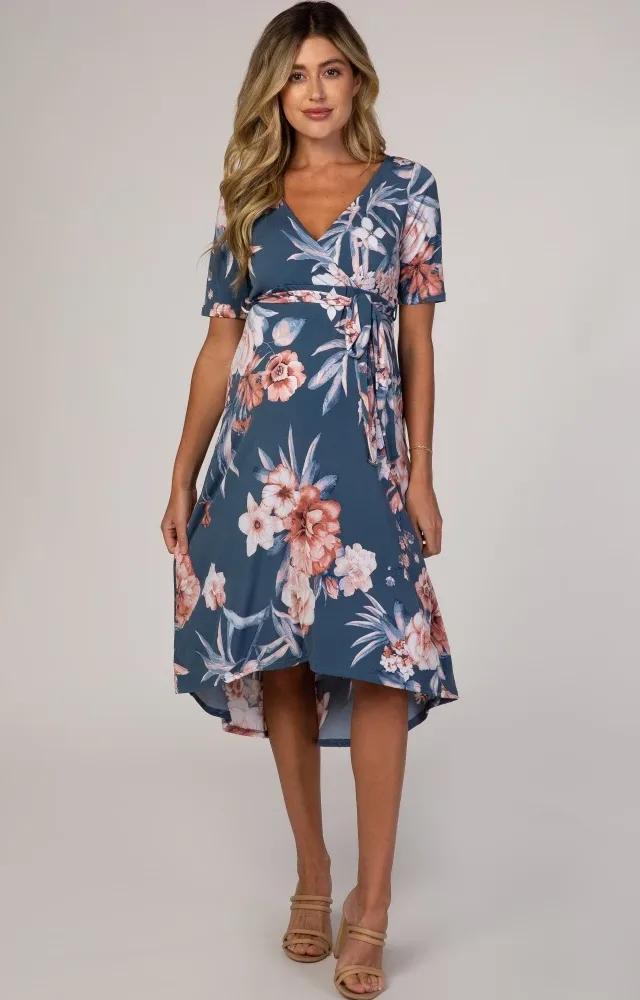 Blue Floral Draped Hi-Low Maternity Dress