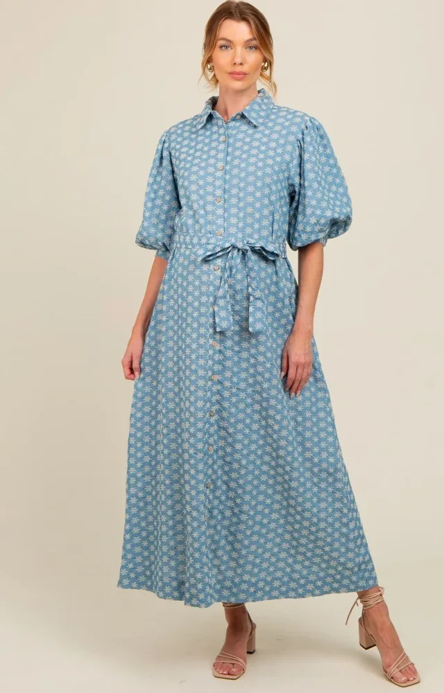 Blue Floral Embroidered Button Down Chambray Maternity Maxi Dress