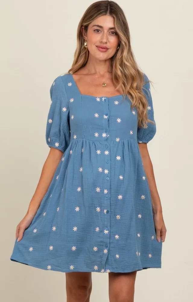 Blue Floral Embroidered Button Front Short Sleeve Maternity Dress