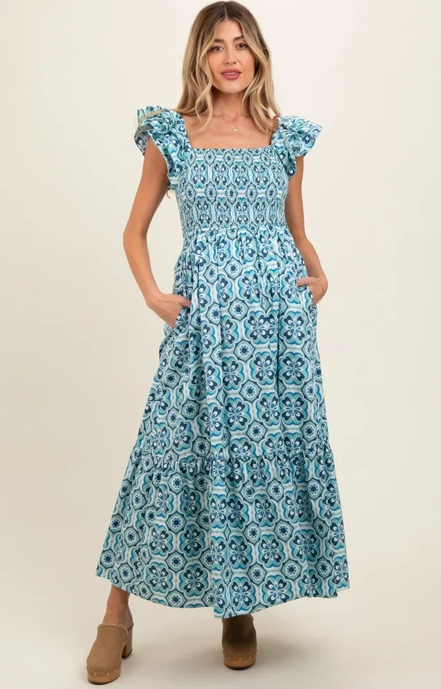 Blue Floral Flutter Cap Sleeve Maternity Maxi Dress