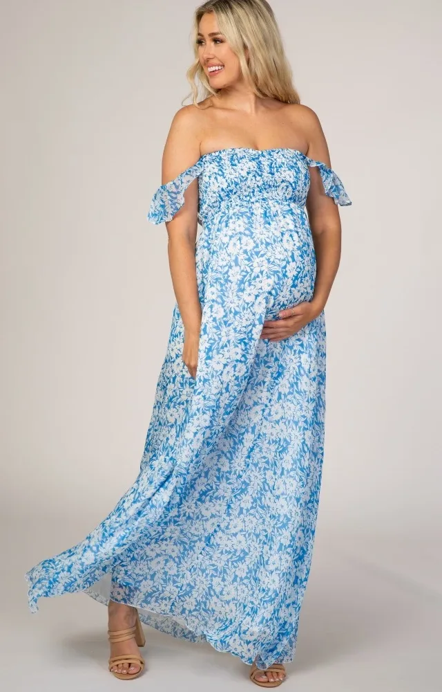 Blue Floral Flutter Sleeve Maternity Maxi Dress