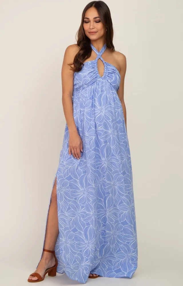 Blue Floral Halter Neck Maternity Maxi Dress