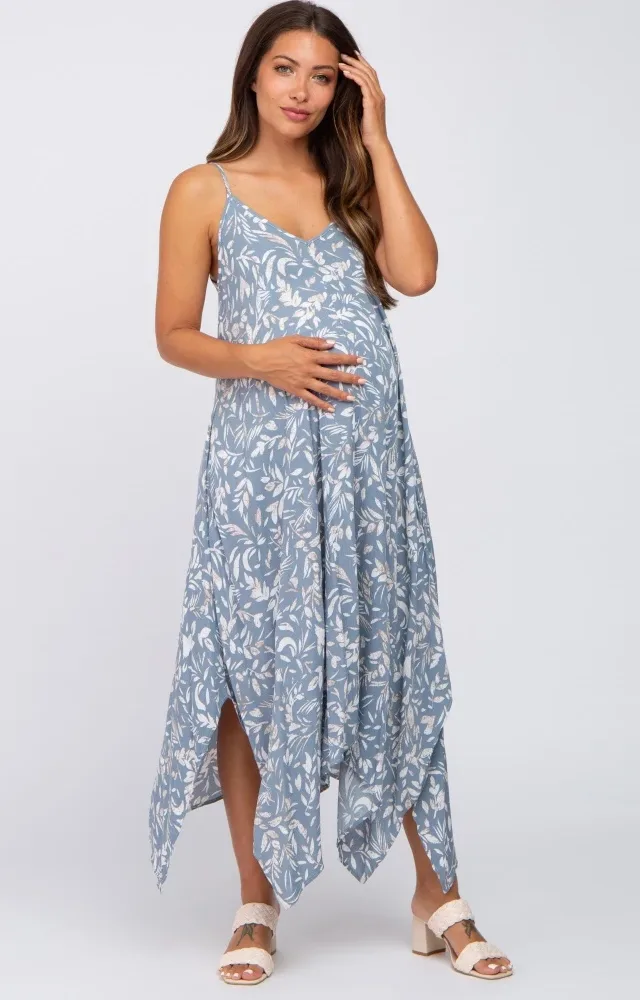 Blue Floral Handkerchief Maternity Midi Dress