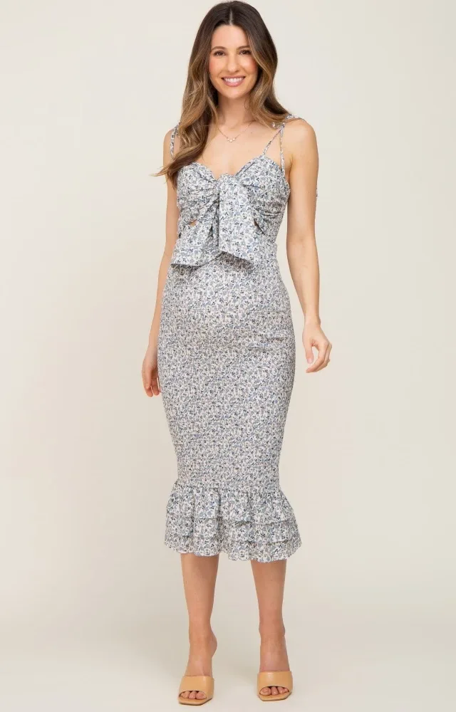 Blue Floral Knot Front Smocked Maternity Midi Dress