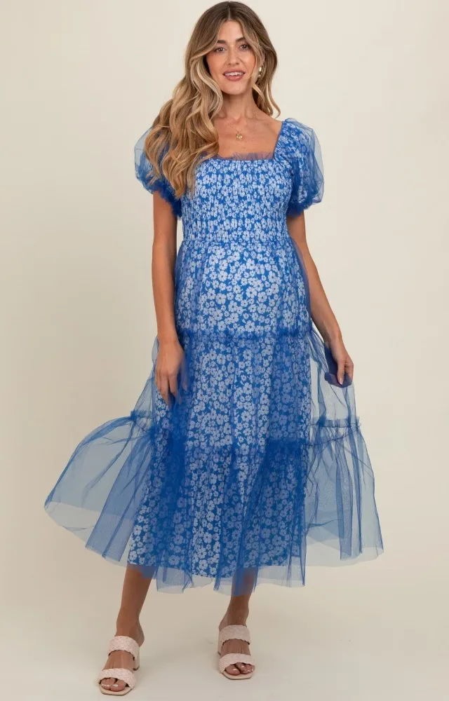 Blue Floral Lined Smocked Tulle Maternity Midi Dress