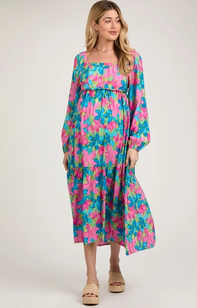 Blue Floral Long Sleeve Maternity Midi Dress