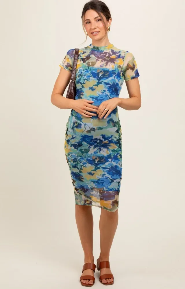 Blue Floral Mesh Short Sleeve Maternity Midi Dress