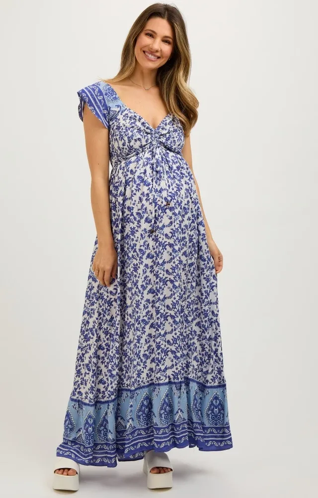 Blue Floral Off Shoulder Maternity Maxi Dress