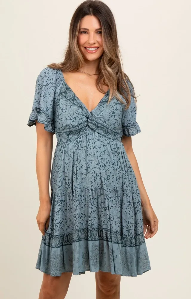 Blue Floral Paisley Knot V-Neck Short Sleeve Maternity Dress