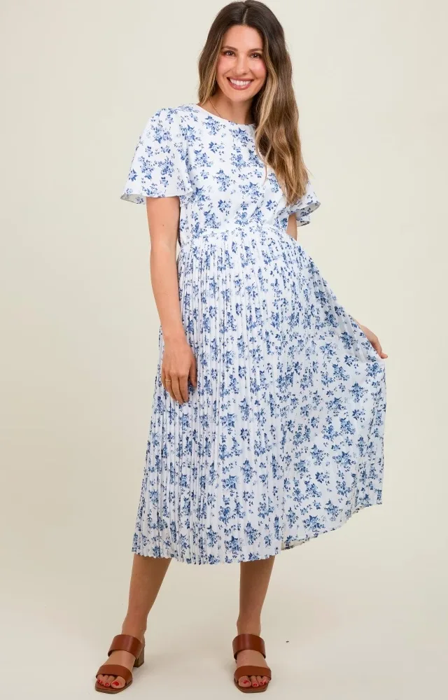 Blue Floral Peated Maternity Midi Dress