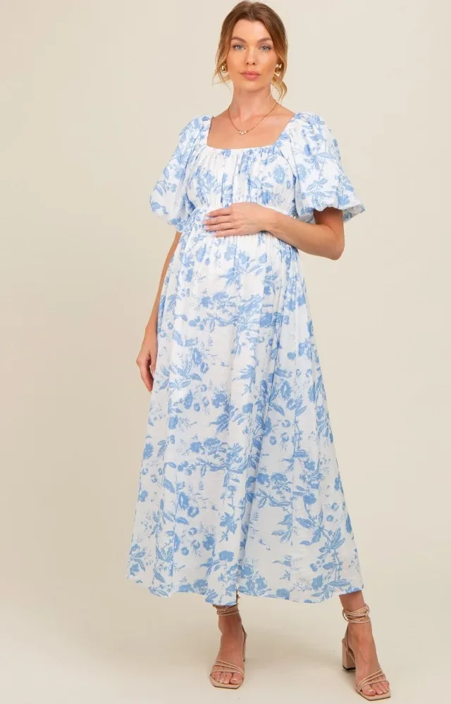 Blue Floral Puff Sleeve Maternity Midi Dress