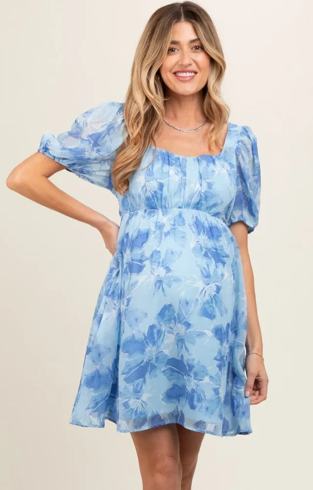 Blue Floral Puff Sleeve Maternity Mini Dress