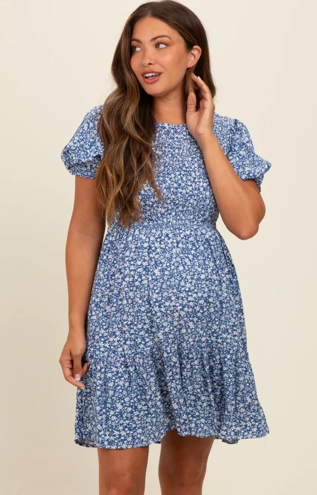 Blue Floral Puff Sleeve Smocked Maternity Dress