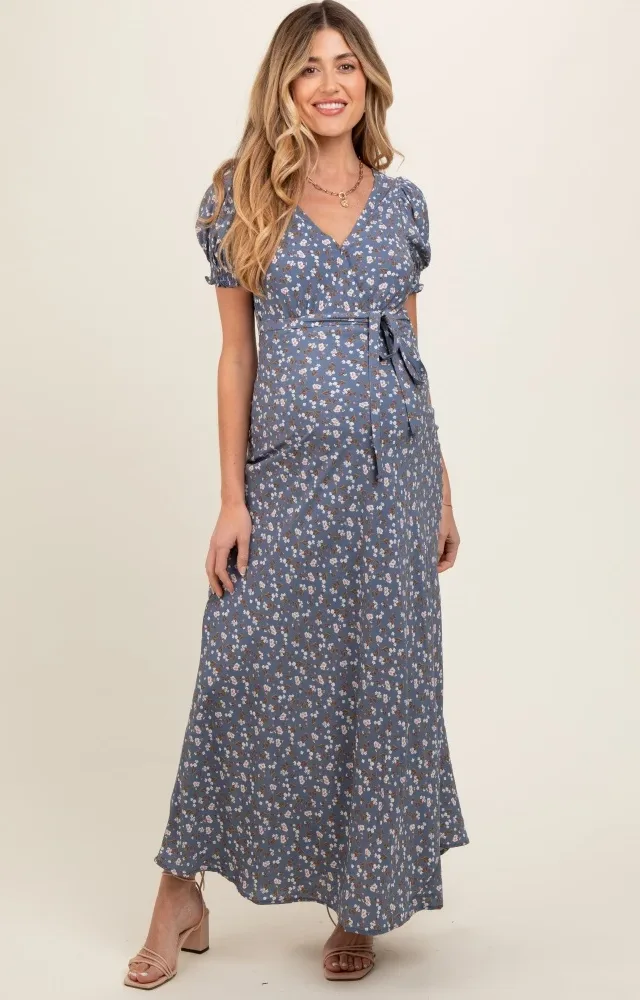 Blue Floral Puff Sleeve V Neck Maternity Maxi Dress