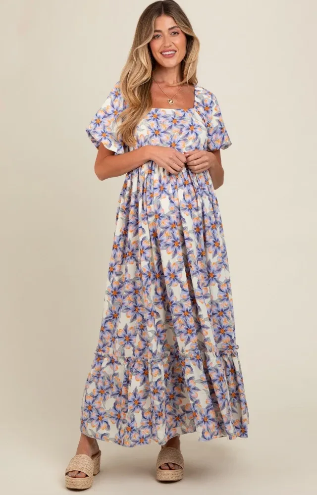 Blue Floral Ruffle Accent Maternity Maxi Dress